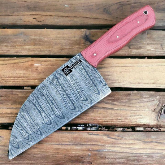 Custom Handmade Damascus Steel Cleaver Kitchen Knife with Red Exotic Handle SK-1