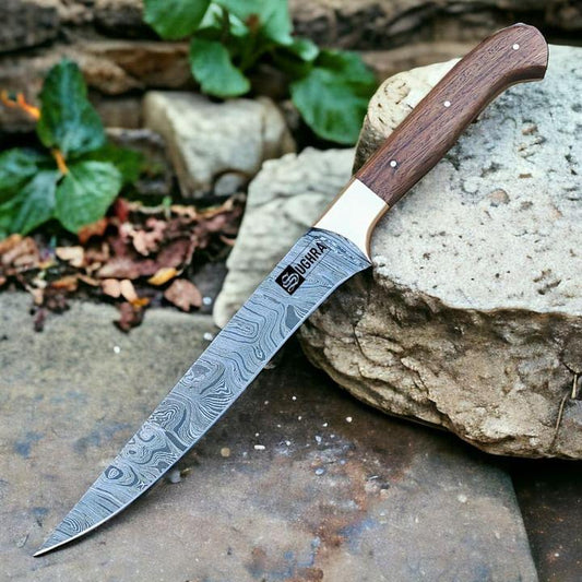 Custom Handmade Damascus Steel Fillet Boning Knife with Brass & Rosewood Handle SK-2