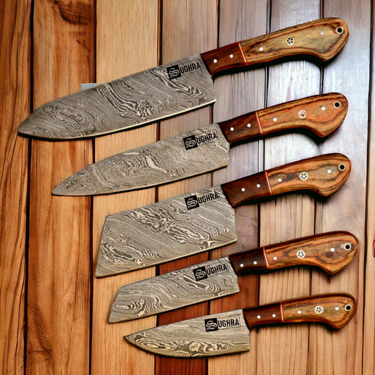 Custom Handmade Damascus Steel Chef Knife Set Kitchen Knives Cleaver Fillet Pair SK-214