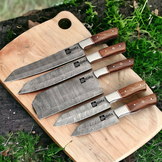 Custom Handmade Damascus Steel Chef Knife Set Kitchen Knives Cleaver Fillet Pair SK-215