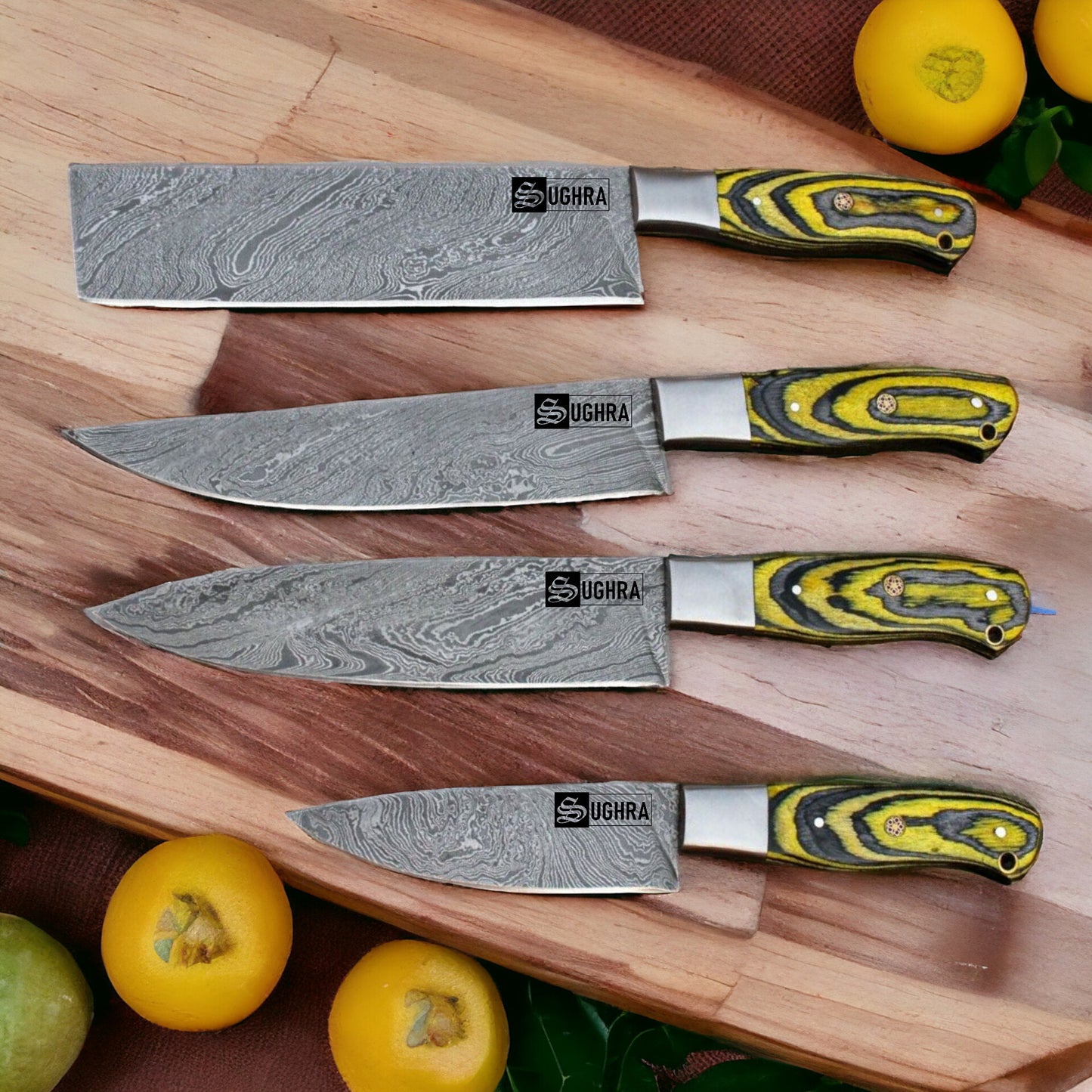 Custom Handmade Damascus Steel Chef Knife Set Kitchen Knives Cleaver Fillet Pair SK-216